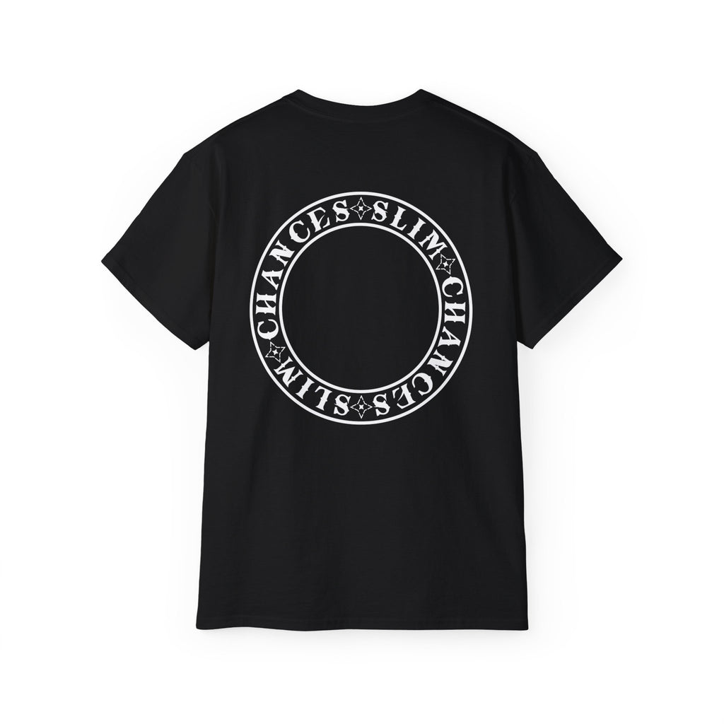 Back view of Slim Chances Reimagined Circle Back T-Shirt featuring bold circular logo design on black fabric.