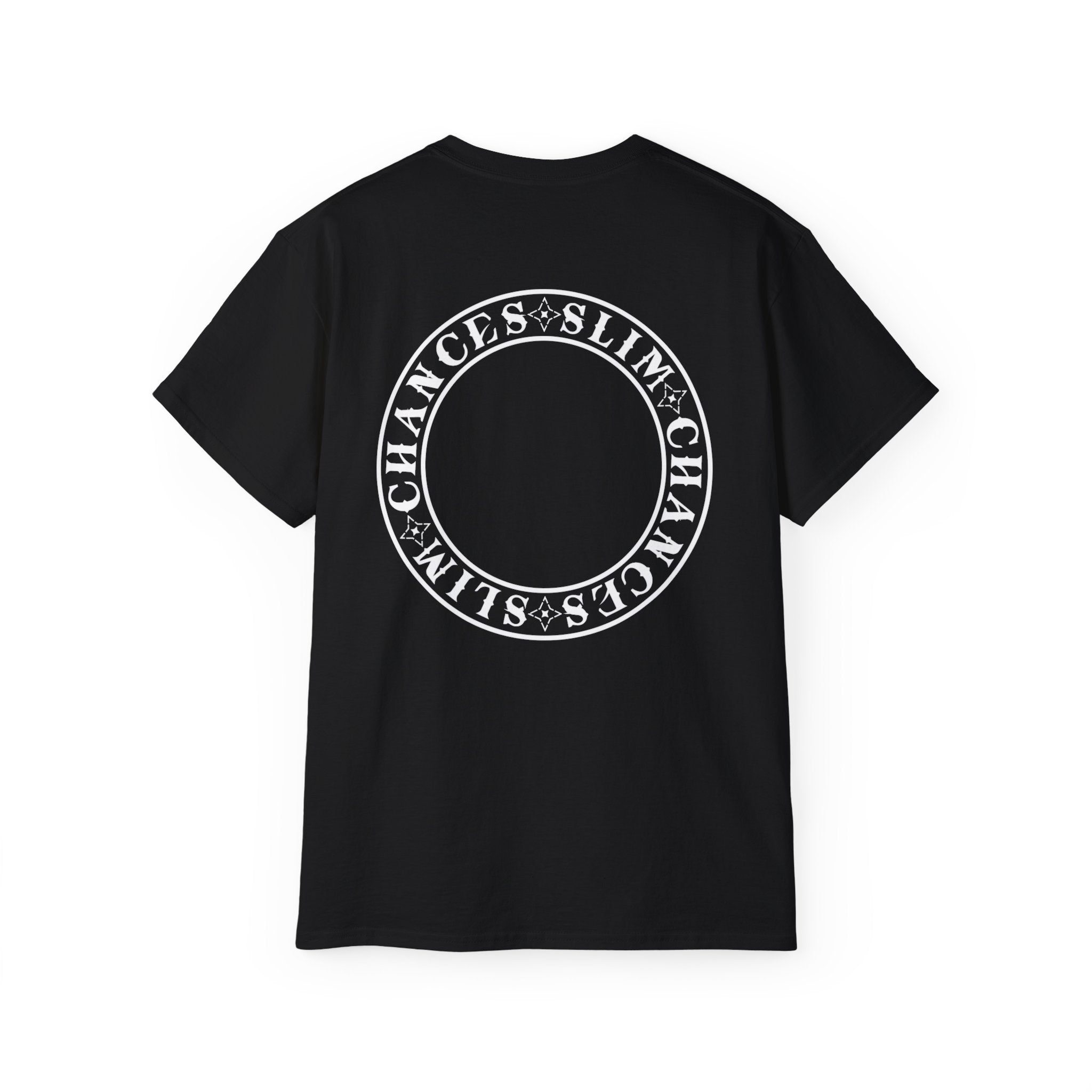 Back view of Slim Chances Reimagined Circle Back T-Shirt featuring bold circular logo design on black fabric.