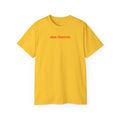 Slim Chances Reimagined Circle Back T-Shirt in yellow with slim chances text in red.