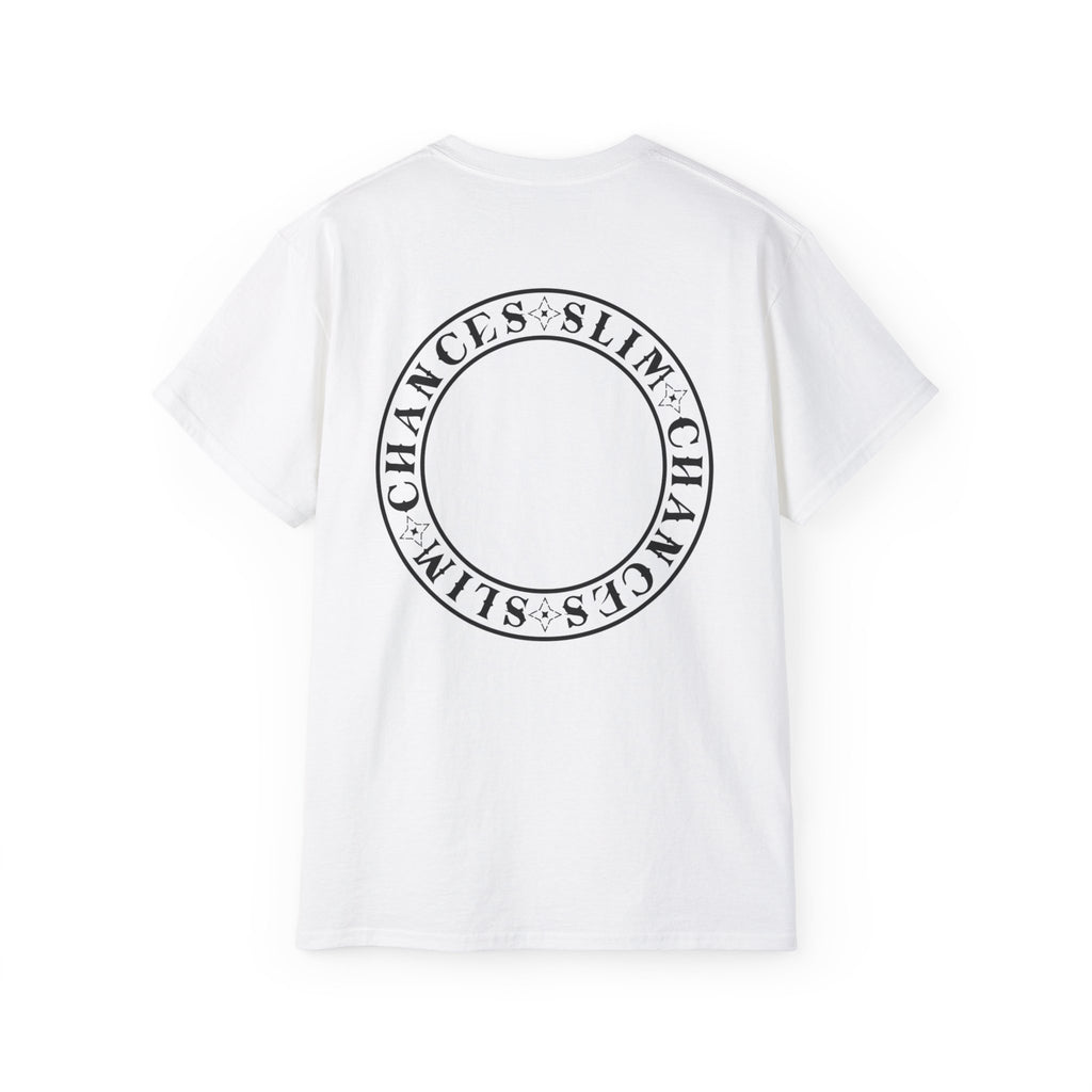 Slim Chances Reimagined Circle Back T-Shirt with circular logo design on the back, perfect for a relaxed style.