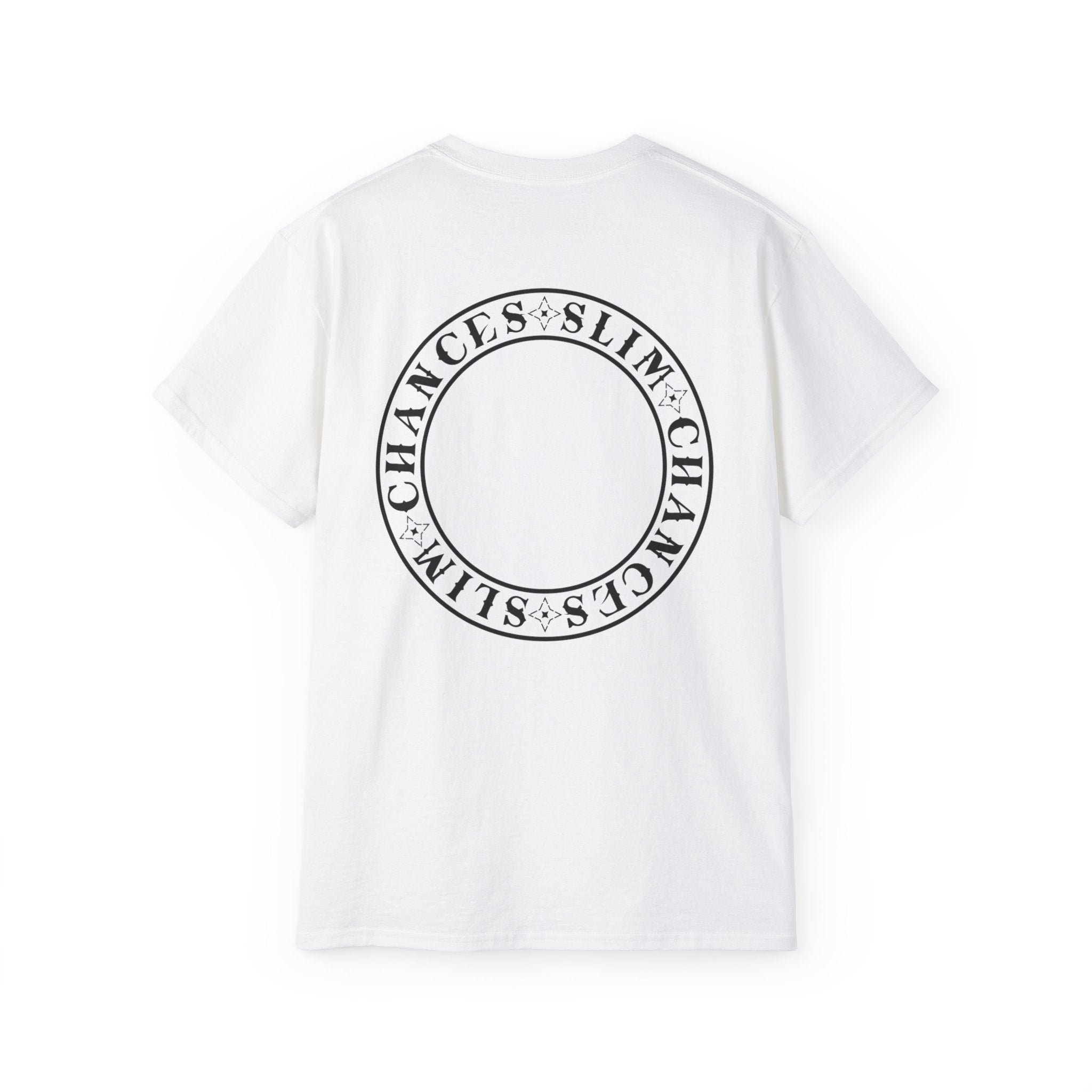 Slim Chances Reimagined Circle Back T-Shirt with circular logo design on the back, perfect for a relaxed style.